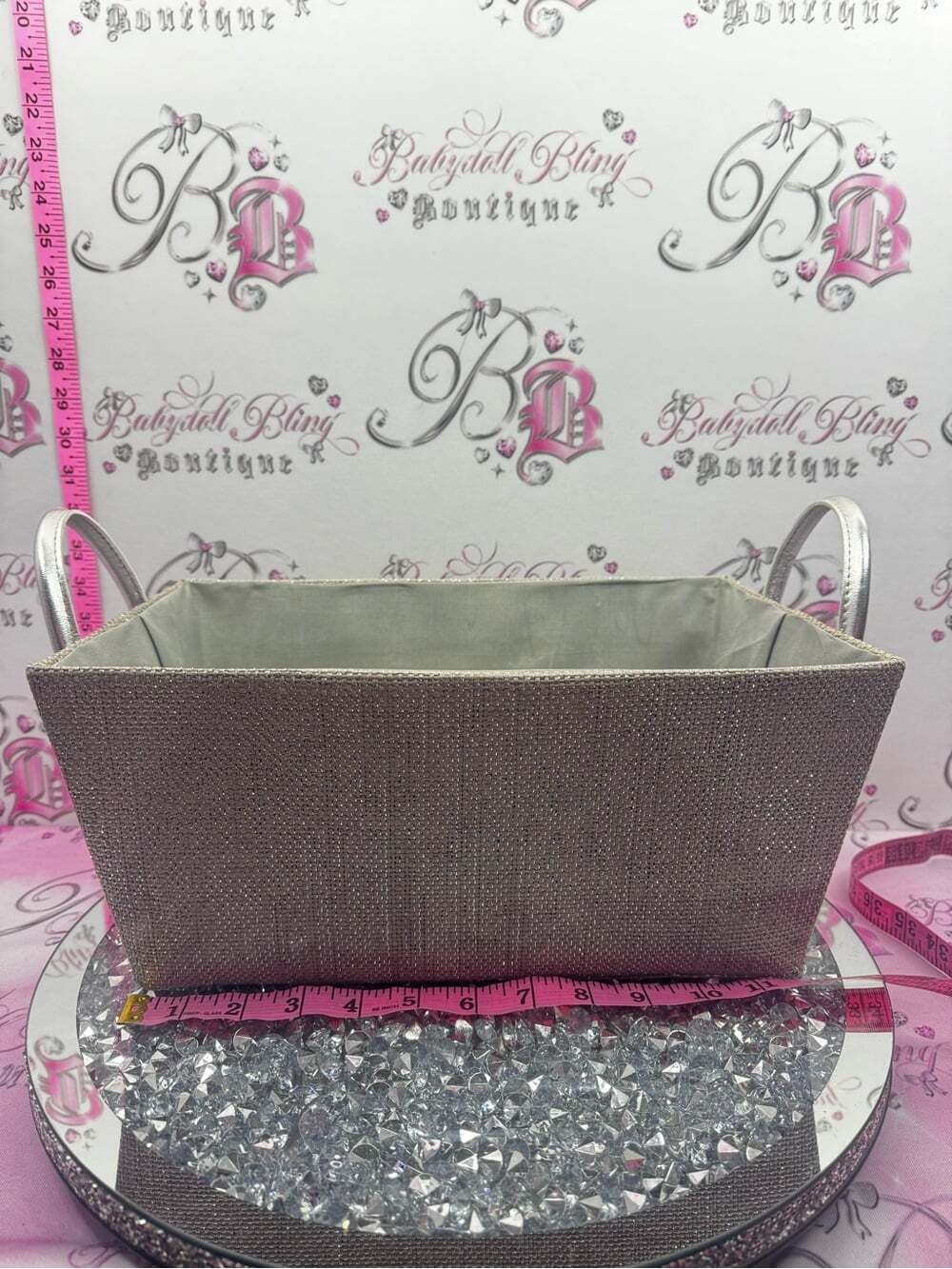 Storage bin sparkly Glittered Silver Fabric Storage Basket silver